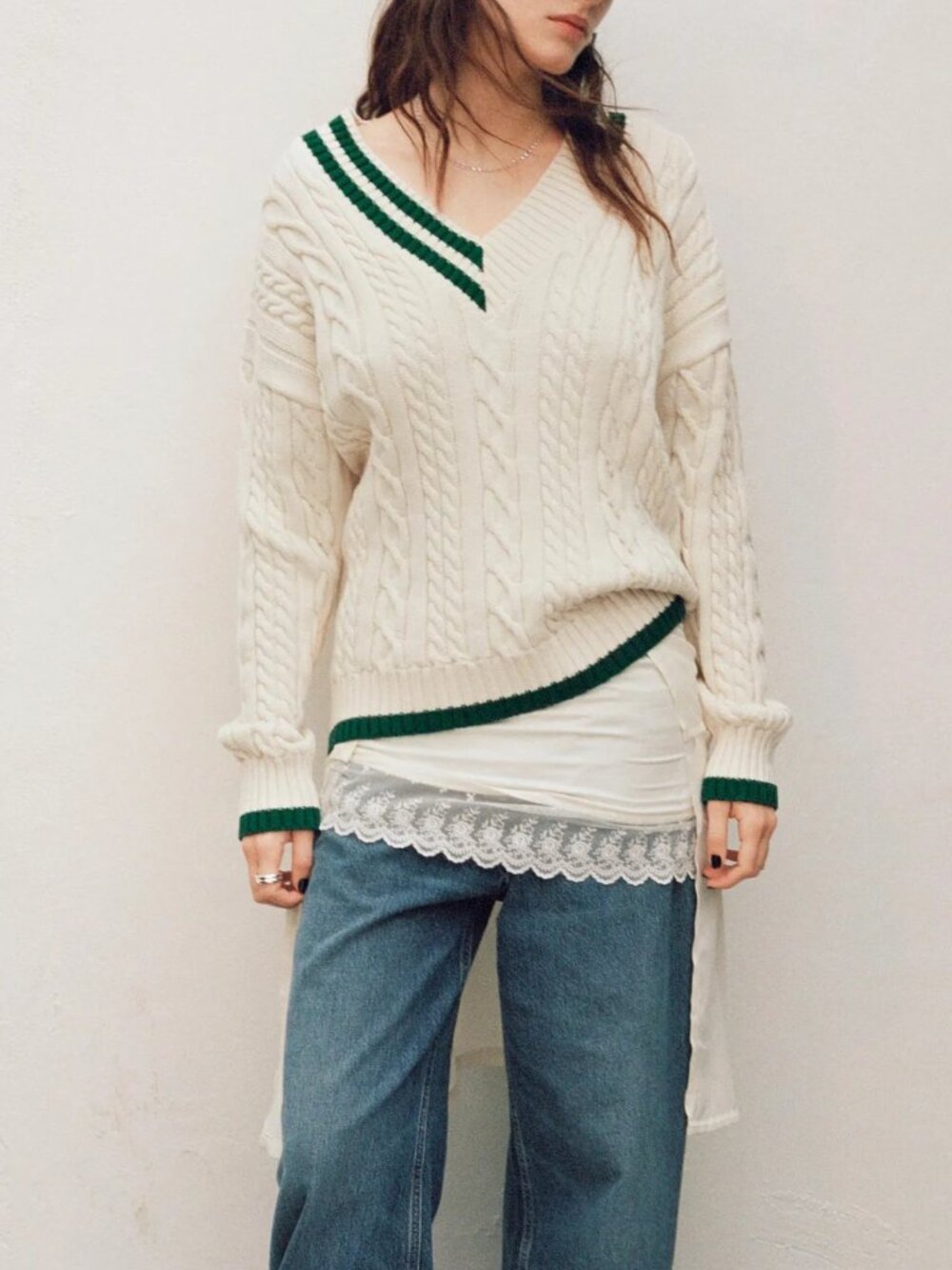 Zara ZW Collection Women Ivory Green V-Neck Cable-Knit Sweater Size L NWOT